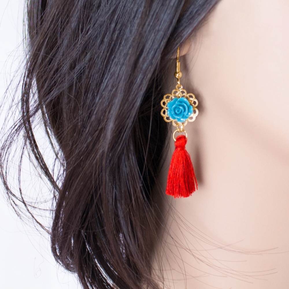 Handmade Red and Teal Floral Tassel Boho Earrings